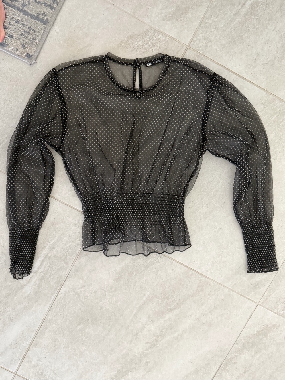 Zara Black Sheer Polka-Dot Smocked Waist Blouse
